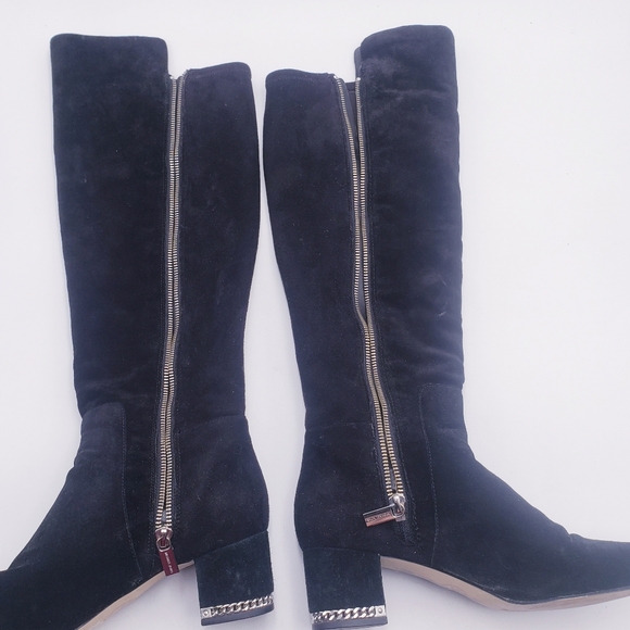 Michael Kors Sabrina Knee High Chain Heel Boots Black Suede Heeled Womens Size 8 - Picture 9 of 10